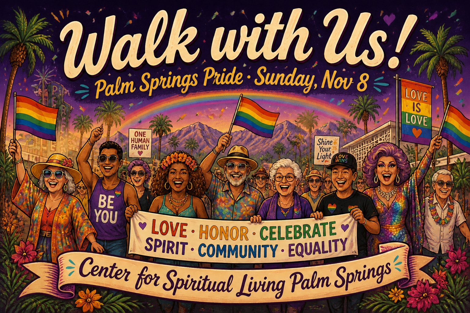 Illustrated poster of a joyful, diverse group of people of all ages marching together with rainbow flags under palm trees and a desert sky. Text reads “Walk with Us! Palm Springs Pride, Sunday, Nov 8” and “Love, Honor, Celebrate, Spirit, Community, Equality,” with “Center for Spiritual Living Palm Springs” on a ribbon at the bottom.